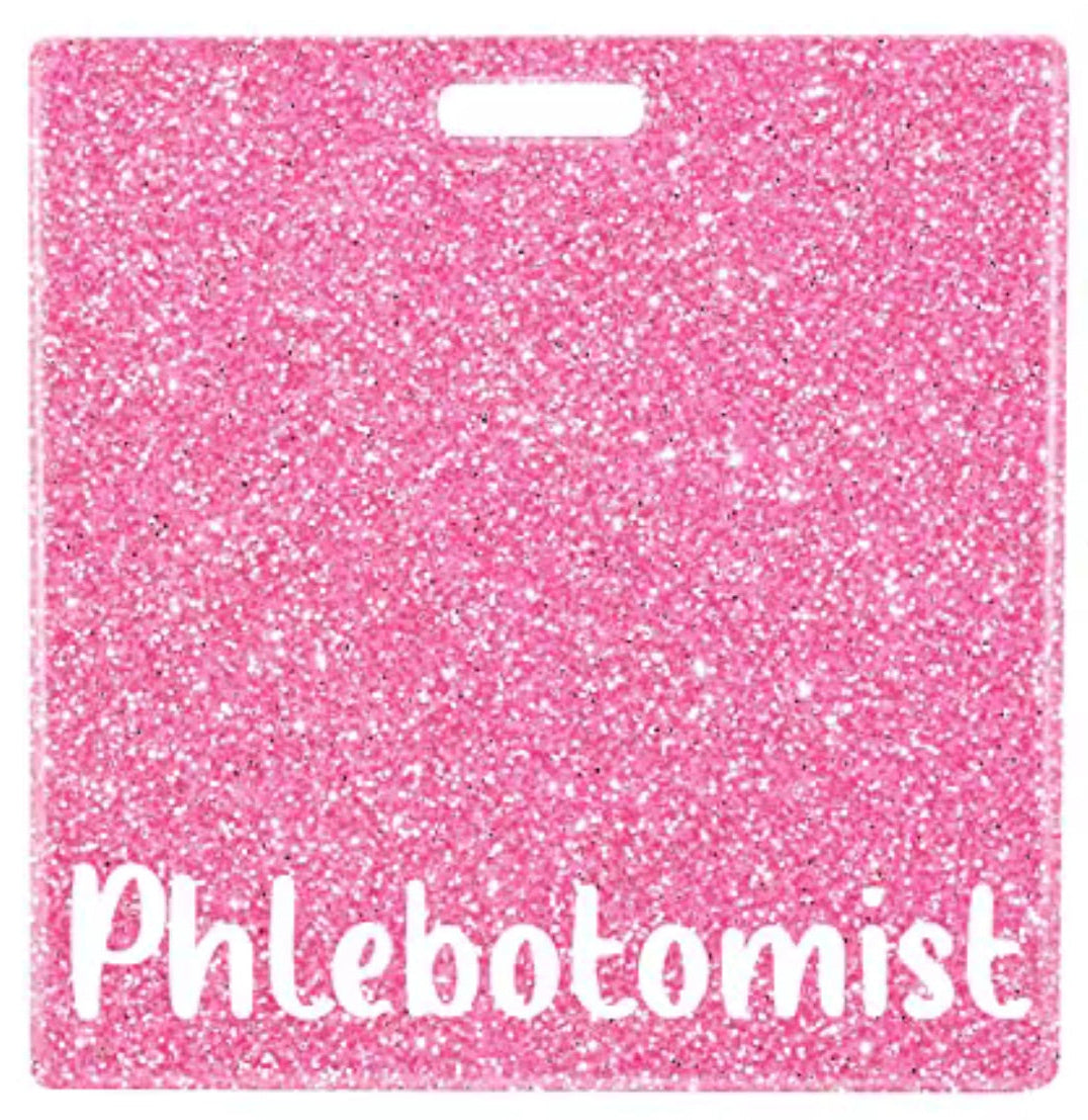 Pink glittery card with 'Phlebotomist' text and color swatches on a white background
