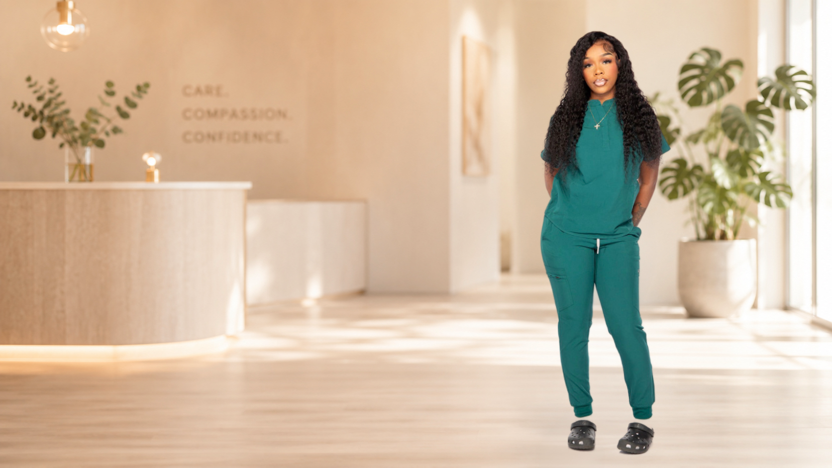 A woman wearing a matching teal scrub set stands in a bright, modern reception lobby. The set includes a short-sleeve top and matching pants, with a small white drawstring at the waist.